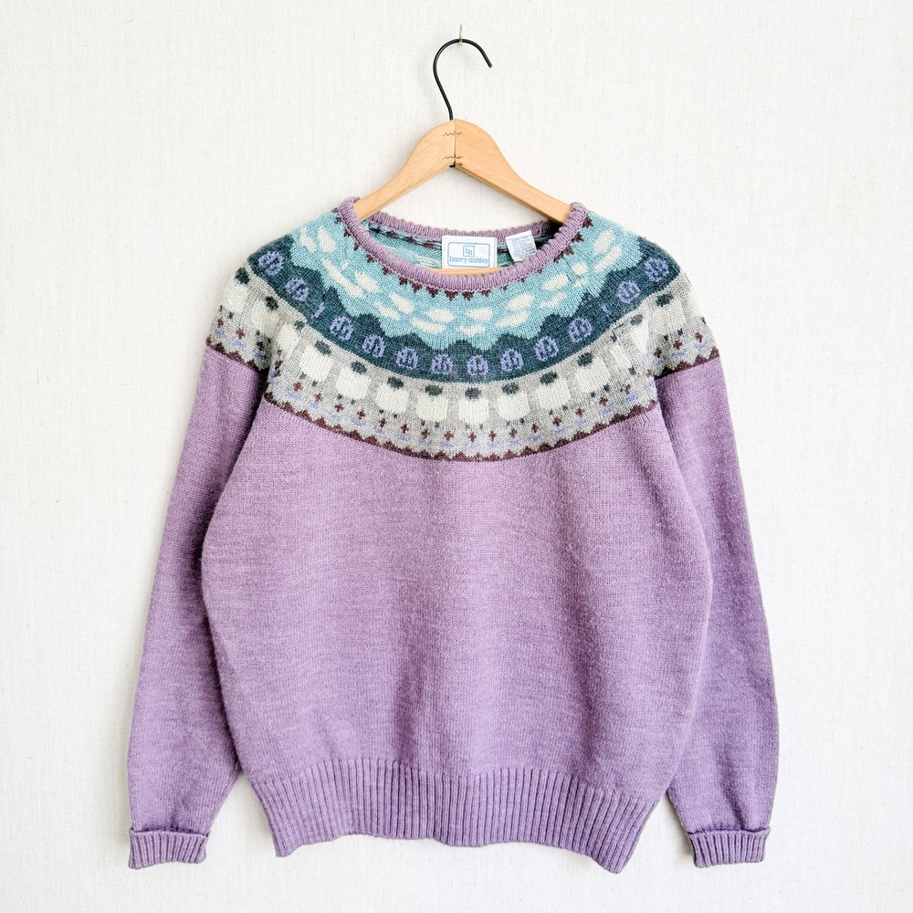 Barry Ashley Sweater Vintage Fair Isle Sheep Knit Lavender Wool Blend Yoke